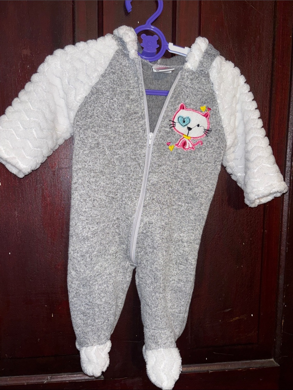 Carter's Gray and White Fleece Baby Footed One-Piece with Cat Patch